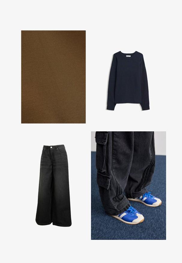 Touché Privé - Prochowiec; Granatowy sweter z dekoltem w serek, długimi rękawami, ściągaczami przy mankietach i na dole. Wykonany z miękkiego materiału dzianinowego, charakteryzuje się luźnym krojem i minimalistycznym designem.; Czarne dżinsy typu wide-leg z wysokim stanem, z przodu z guzikami, kieszeniami i subtelnym logo na przedniej kieszeni.; Osoba w luźnych czarnych spodniach cargo i niebiesko-białych sneakersach stoi na ciemnoniebieskim dywanie.