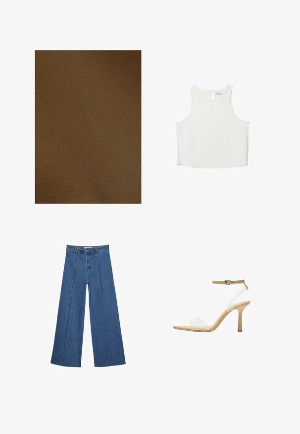 Touché Privé Trenssi - khaki; Valkoinen hihaton paita, jossa on pyöreä pääntie, hienovarainen tekstuuri, avaustakki ja suora helma.; Korkeat vyötäröiset, keskisiniset, leveiden lahkeiden denim-farkut, joissa on nappikiinnitys ja kontrastiväriset pystysaumadetaileja edessä.; Kirkas korkokenkä läpinäkyvällä varrella, beigellä pohjalla ja hoikalla nilkkahihnalla. Ominaisuuksiin kuuluu terävä kärki ja ohut korkea korko.