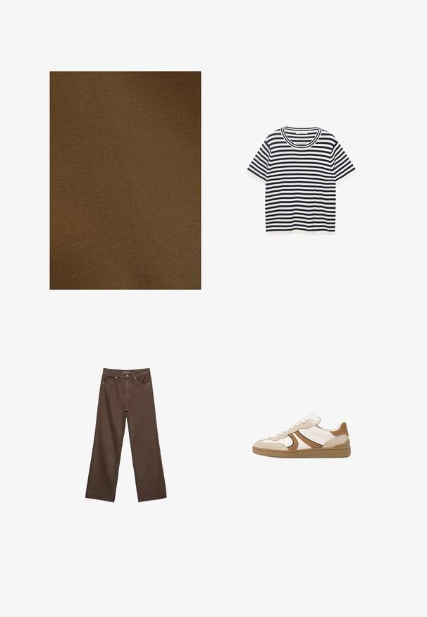 Touché Privé Trenčkot - khaki; Prajčasta majica iz bombaža s temno modrimi in belimi vodoravnimi črtami, ima okroglo izrezan ovratnik in kratke rokave. Gladka tekstura.; Široke rjave kavbojke iz denima, ki imajo visok pas, sprednje žepe in klasično zapiranje na gumb. Gladka tekstura s subtilnim šivom.; Teniske z belo usnjeno zgornjo stranjo, tanjšo alcantaro in gumijastim podplatom; značilnosti nizkega dizajna in ravnih vezalk.