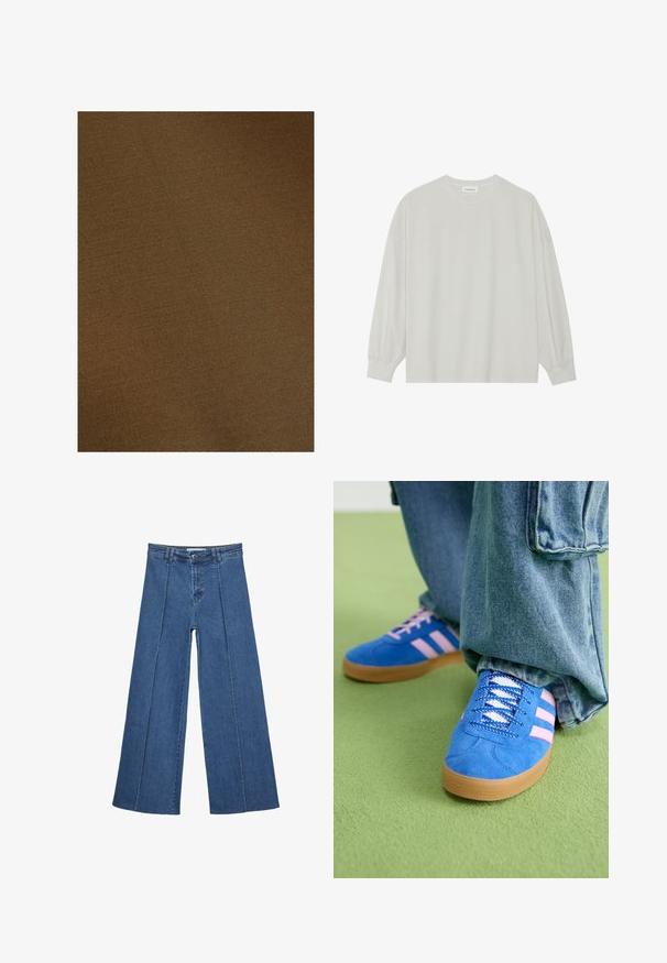 Touché Privé Trench - khaki; T-shirt a maniche lunghe grigio chiaro realizzato in cotone morbido. Presenta una vestibilità ampia, scollatura rotonda e polsini delicatamente arricciati. Nessun motivo o grafica.; Jeans in denim a gamba larga di blu medio, con vita alta, chiusura con bottone e dettagli delle cuciture verticali a contrasto lungo la parte anteriore.; Scarpe scamosciate blu con strisce rosa e lacci bianchi, dotate di una suola in gomma, abbinate a pantaloni di denim larghi su una superficie verde.