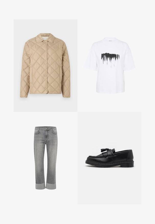 Šviesiai rudos spalvos suknežtas paltas su deimantų raštu, apvaliu apykakle, užsegamas spaustukais, ilgas rankoves. Sklandus paviršius ir lengvas išvaizda.; Balta medvilnės marškinėliai, laisvo kirpimo, su juodu šepetėliu pieštu raštu per krūtinę ir trumpomis rankovėmis.; Pilkai džinsai su tiesiu kojų dizainu, su sulenktais kraštais. Klasikinė penkių kišenių stilius ir priekinis mygtukų užsegimas.; Juodas odinis loafers su kutais, siūlėmis apdaila aplink kraštą ir storu guminiu padu, užtikrinančiu ilgaamžiškumą.