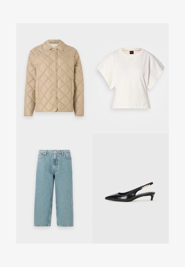 Bež podložena jakna z diamantnim vzorcem, okrogli ovratnik, zapiranje s press gumbi in dolgi rokavi. Gladka tekstura in lahek videz.; Bela skrajšana majica s kratkimi širokimi rokavi, mehka bombažna tkanina, okrogla ovratnica z diskretnim oranžnim robom, minimalističen dizajn, brez vzorcev ali grafike.; Svijetloplavi traper šortsevi s visokim strukom, ravnog kroja i neuređenim rubovima. Imaju klasično zatvaranje na dugme i patentni zatvarač, te četiri džepa.; Črne usnjene sandale na peto z ostro konico, ki imajo tanko peto in zlat ton na nastavljivem traku. Gladka tekstura.