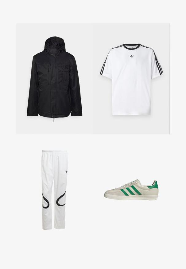 Schwarze, isolierte Jacke mit Kapuze, Frontreißverschluss und mehreren Taschen. Verfügt über eine glatte Textur und ein minimalistisches Design.; Weißes T-Shirt aus Baumwolle mit einem schwarzen, runden Halsausschnitt und drei schwarzen Streifen auf jeder Schulter. Kleines schwarzes Logo auf der Brust.; Weiße Sporthose mit glatter Textur, die schwarze geschwungene Designs an den Seiten und ein schwarzes Logo in der Nähe des Bundes aufweist.; Beige Sneaker mit grünen Streifen, ausgestattet mit einer weißen Sohle und einem Obermaterial aus glattem Leder. Seitenansicht, die die Schnürdetails und das Logo hervorhebt.