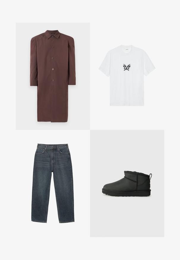 Hnedý dlhý kabát s golierom, zapínaním na gombíky a raglánovými rukávmi. Hladká tkanina s miernym leskom a žiadnymi viditeľnými vzormi.; Biela bavlnená tričko s krátkymi rukávmi a okrúhlym výstrihom. S centralným grafickým motívom čierneho motýľa so vzorom plameňa. Hladká textura.; Tmavomodré džínsové nohavice so strihom rovného nohu, piatimi vreckami, pútkami na opasok a výrazným blednutím materiálu. Šité detaily na leme.; Čierne členkové topánky vyrobené z mäkkého materiálu, s okrúhlou špičkou, nízkym podpätkom a kožušinovou podšívkou. Obsahuje zadný úchyt a prešívané detaily.