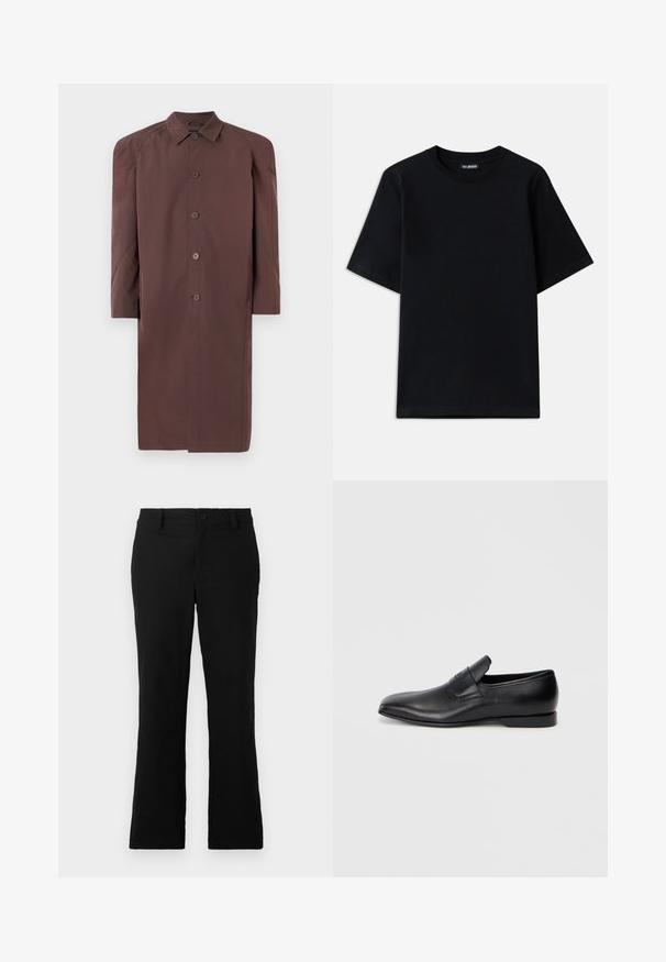Palton lung maro cu guler, închidere cu nasturi și mâneci raglan. Țesătură netedă cu o strălucire moderată și fără modele vizibile.; Tricou negru din bumbac, cu guler rotund și mâneci scurte. Prezintă un logo brodat discret pe partea stângă a pieptului. Textură plată și netedă.; Pantaloni negri evazați dintr-un amestec de bumbac, având închidere cu nasture, cleme pentru curea și o textură netedă, fără modele vizibile.; Pantofii negri din piele, slip-on, cu vârf ascuțit, textură netedă și branding subtil pe lateral. Toc jos cu un design curat și minimal.