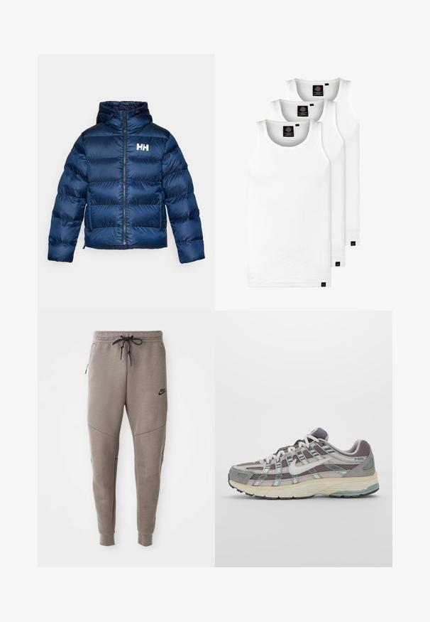 Marineblauer Pufferjacke mit Reißverschluss und Kapuze. Hergestellt aus glänzendem, gestepptem Material, mit horizontalen Nähten und einem weißen Logo auf der Brust.; Drei weiße, gerippte Tanktops aus Baumwolle. Merkmale einen Rundhalsausschnitt und kleine schwarze Etiketten am Saum. In mehreren Größen erhältlich.; Graue Nike-Sweatpants mit einem Kordelzugbund, schmal zulaufenden Beinen, seitlichen Taschen und auffälliger Nahtgestaltung. Weicher, strukturiert Stoff.; Grauer Sportschuh mit einem Obermaterial aus Mesh und Wildleder, weißen Akzenten, einer gepolsterten Sohle und einem charakteristischen Design mit reflektierenden Elementen.