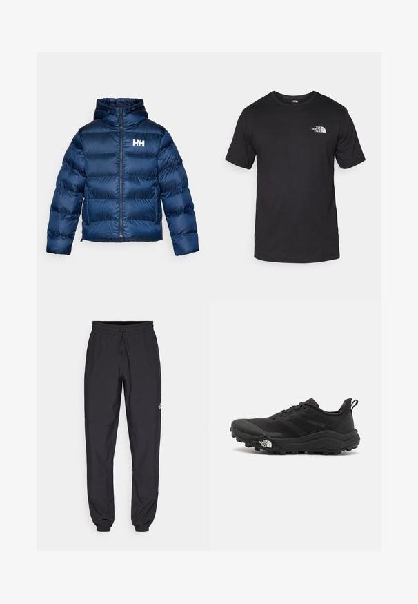 Casaco de puffer azul-marinho com fecho éclair frontal e capuz. Feito de material brilhante e acolchoado, com costuras horizontais e um logótipo branco no peito.; T-shirt preto de manga curta feito de algodão, com um decote redondo e um pequeno logótipo branco na parte superior esquerda do peito.; Calças atléticas pretas feitas de tecido leve, com um cós ajustável por cordão, bolsos laterais e punhos afunilados nos tornozelos.; Sapatilha de trail running preta com um upper texturizado, sola de borracha e biqueira reforçada. Possui um colarinho acolchoado e uma alça para facilitar o calçar.