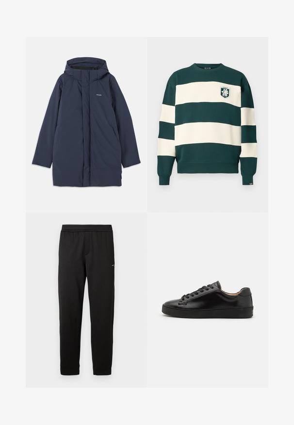 Mornarički plavi vodootporni park jakna s kapuljačom, s prednjim zatvaračem, dva bočna džepa i minimalnim logotipom na prsima.; Tamnozelena i bijela prugasta dukserica dugih rukava s oznakom "Italy EA7" na prsima i malom EA7 oznakom na manžetama.; Crne trenirke s elastičnim pojasom, uskog tapered kroja i malim logom na gornjem butu, prikazane na bijeloj pozadini.; Crne kožne tenisice s glatkom završnom obradom, okruglim vrhom i crnim vezicama. Imaju minimalno brendiranje na peti i gumeni potplat.