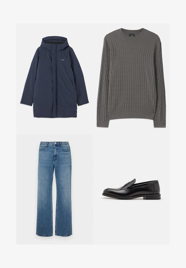 Marineblå vandtæt parka-jakke med hætte, der har en frontlynlås, to sidelommer og et minimalistisk brandlogo på brystet.; Armani Exchange Striktrøje - dark gull zig zag; Bredde ben blå jeans lavet af denim med en falmet finish. Har fem lommer, en frontknaplukning og en lige pasform.; Sorte læderloafers med en glat overflade, rund tå og en dekorativ strop over vampen. Lav hæl med stabeldesign, minimalistisk stil.