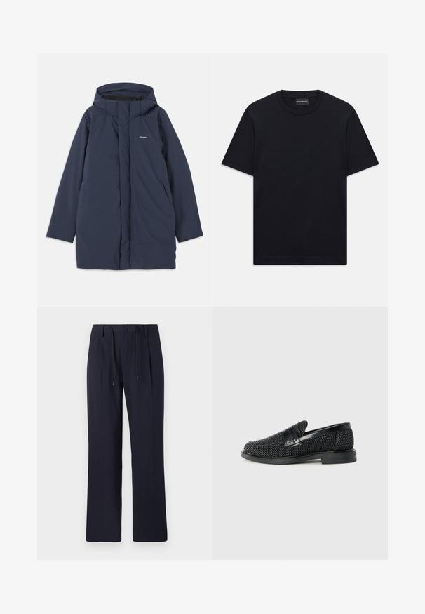 Tummansinisessä vedenpitävässä parka-takissa on huppu, edessä vetoketju, kaksi sivutaskua ja minimaalinen brändilogo rinnassa.; Mustassa lyhythihaisessa crew neck -t-paidassa on hienovaraisesti kohokuvioitu logomuotoilu rinnassa ja merkkilappu kauluksessa.; Navy siniset housut, joissa on suora lahjemuotoilu, valmistettu teksturoidusta kankaasta. Ominaisuudet etupainikkeella kiinnitys ja säädettävä nauhavyötärö.; Musta kudottu liukupohjallinen kenka, jossa on sileä nahkakorostus päällisessä, pyöreä kärki ja matala kumipohja.