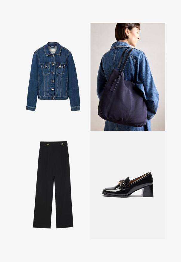 Chaqueta de denim en azul oscuro, con un cuello clásico, cierre frontal de botones, dos bolsillos en el pecho y detalles de costura en contraste.; Top negro de manga larga con puños acampanados, textura suave y un ajuste relajado, con un sencillo cuello redondo.; Pantalones de pierna ancha negros con cintura alta, detalles de botones en la cinturilla y pliegues en la parte delantera.; Mocasines de charol negro con tacón, que presentan una punta redondeada, un tacón más grueso y un acento de metal en tono dorado en la correa frontal.; Bolso de hombro de lienzo azul marino con una forma suave y estructurada, que presenta una correa negra, detalles de costura y una pequeña etiqueta de marca.