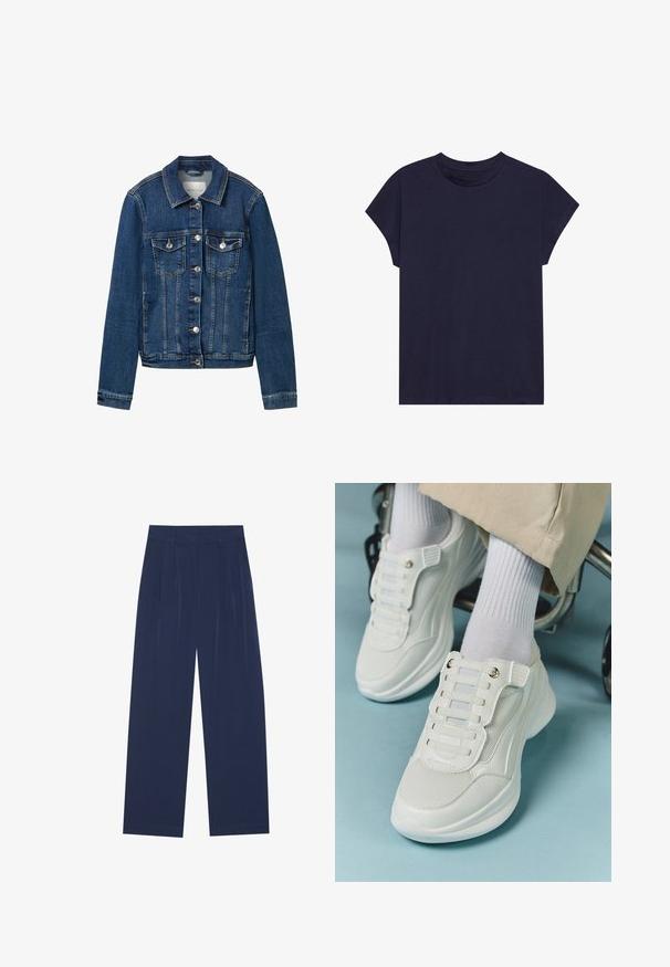Tummansininen farkkutakki, jossa on klassinen kaulus, etuvetoketju, kaksi rintataskua ja kontrastiväriset ompeluyksityiskohdat.; T-paita, jonka väri on laivastonsininen, valmistettu puuvillasta. Pyöreä kaulus ja lyhyet hihat, rento malli ja sileä pinta. Ei kuvioita tai koristeita.; Navy siniset leveälahkeiset housut, joissa on pehmeä kangas, etuvaljaat, sileä pinta ja suora malli ilman näkyviä taskuja.; Valkoiset lenkkarit, joissa on verkkokangas, kumipohja, nauhattomuus elastisilla nauhoilla ja kultatäyteiset yksityiskohdat.