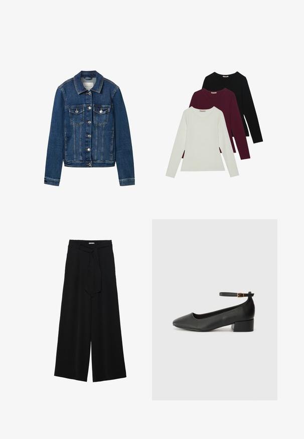 Dunkelblaue Jeansjacke mit klassischem Kragen, vorderem Knopfverschluss, zwei Brusttaschen und kontrastierenden Nähtelementen.; Langarm-T-Shirts in Weiß, Bordeaux und Schwarz. Hergestellt aus weichem Stoff mit Rundhalsausschnitt und figurgerechtem Design. Eignen sich gut zum Schichten.; Schwarze weite Hosen aus strukturiertem Stoff, mit elastischem Bund und einem abnehmbaren Bindegürtel in der Taille für eine verstellbare Passform.; Schwarze Lederpumps mit spitzem Zehenbereich und niedrigem Blockabsatz. Mit einem Knöchelriemen und einer goldfarbenen Schnalle. Glatte Textur.