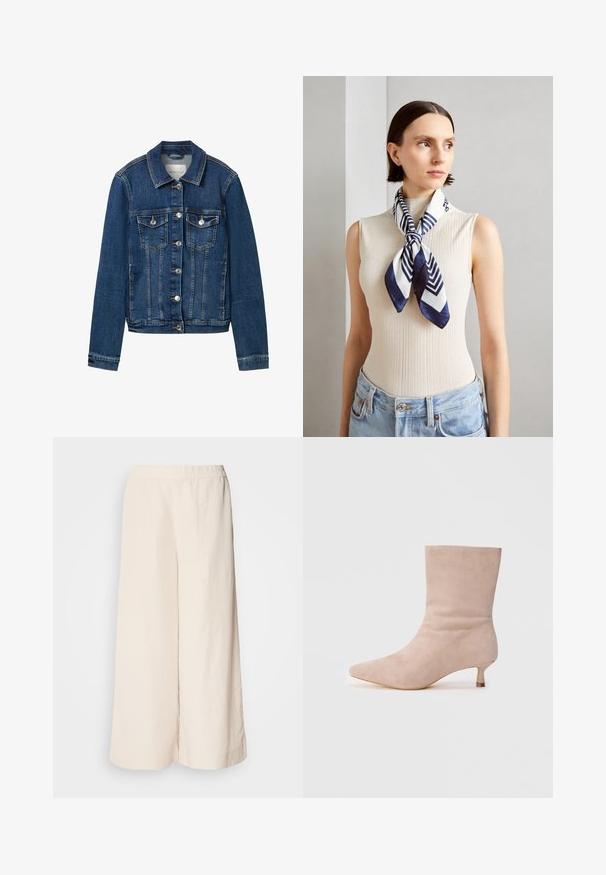 Traper jakna u tamnoplavoj boji, s klasičnom okovratnikom, prednjim zatvaračem na dugmad, dva džepa na prsima i kontrastnim šavovima.; Bijela kratka majica s kratkim rukavima od glatkog pamuka. Ima okrugli izrez i ravni rub, bez uzoraka ili ukrasa.; Krem hlače širokog kroja s elastičnim strukom, s opuštenim fitom i glatkom teksturom, prikladne za svakodnevno nošenje.; Bež antilop čizme do gležnja s šiljatim vrhom i niskom kitten petom. Glatka tekstura s elegantnom siluetom i minimalističkim dizajnom.; Svila marama u tamnoplavoj i bijeloj boji s geometrijskim zigzag uzorkom. Glatka tekstura, uredno vezana oko vrata, koja dodatno ističe rebrasti top.