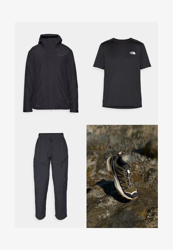 Svart vanntett jakke med hette, glidelås i front og elastiske mansjetter. Har en grønn detalj ved kanten og en logo på brystet.; Svart kortermet T-skjorte laget av lett materiale. Har en liten hvit logo på venstre bryst og subtile skulderdetaljer.; Sorte cargo bukser laget av et lett, vannavvisende materiale; har elastisk midje, flere glidelåslommer og smale ben.; Fjellsko i olivengrønn og svart med rosa detaljer. Har en teksturert overdel, fleksibel såle, forsterket tåhette og fargerik snøringssystem.