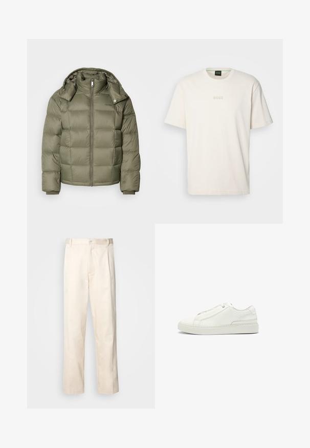 Puffer jacket in olive green with a zip front, high collar, and detachable hood. Features quilted sections and elastic cuffs.; BOSS TEE - Basic T-shirt - open white; Beige cotton trousers with a straight-leg cut, featuring a button closure and pleats at the front for added detail.; White leather sneaker featuring a textured upper, a round toe, minimalistic design, and a rubber sole with stitched detailing.