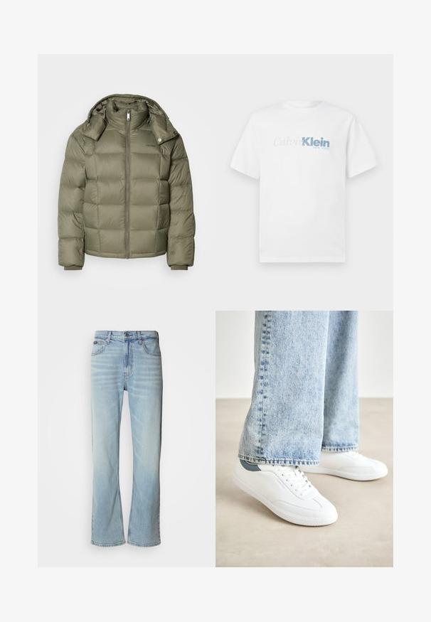 Kurtka puchowa w oliwkowym kolorze z zamkiem z przodu, wysokim kołnierzem i odpinanym kapturem. Posiada pikowane sekcje oraz elastyczne mankiety.; Biała koszulka z krótkim rękawem z logo "Calvin Klein New York" w jasnoszarym i niebieskim kolorze, umieszczonym na środku z przodu.; Jasnoniebieskie dżinsy z prostymi nogawkami, posiadające pięć kieszeni, zapięcie na guzik oraz subtelne wyblaknięcia na tkaninie.; Białe sneakersy z gładkiego materiału, sznurowanym zapięciem, teksturowaną gumową podeszwą oraz turkusowym akcentem przy pięcie, w połączeniu z jasnoniebieskimi dżinsami.