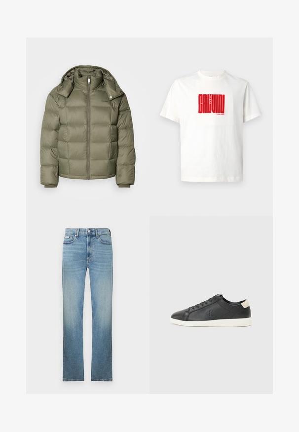 Puhasta jakna v olivno zeleni barvi z zipom spredaj, visokim ovratnikom in snemljivo kapuco. Ima kviltane sekcije in elastične manšete.; Bela bomba iz 100% bombaža z velikim rdečim grafičnim tiskom "CALVIN KLEIN" spredaj, s krožnim ovratnikom in kratkimi rokavi.; Svetlo modre kavbojke iz jeansa s pravim krojem hlačnic, z zasnovo s petimi žepi in bledenim zaključkom. Imajo zadrgo s gumbi in zanke za pas.; Črne usnjene superge z teksturiranim zaključkom, okroglo konico, belo gumo na podplatu in bež akcentom na peti. Imajo črne vezalke in detajl z logotipom.