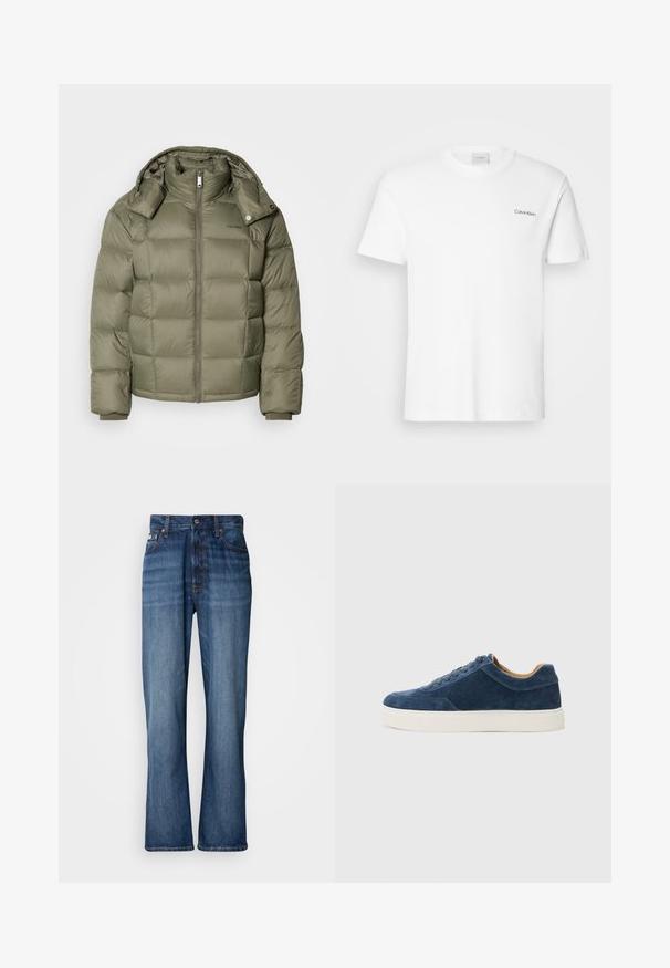 Puhasta jakna v olivno zeleni barvi z zipom spredaj, visokim ovratnikom in snemljivo kapuco. Ima kviltane sekcije in elastične manšete.; Bela bombažna majica s kratkimi rokavi in krožnim ovratnikom. Ima majhen črn logotip "Calvin Klein" na levi strani prsnega koša.; Modre kavbojke z visokim pasom, širokimi nogami, zasnovo s petimi žepi in toniranim šivanjem. Imajo zapiranje na gumb in zakovice na žepih.; Modri semiš športni copati z belim gumijastim podplatom, zavezovanjem, okroglo konico in kontrastno rjav notranjostjo. Diskretni detajli šivov.