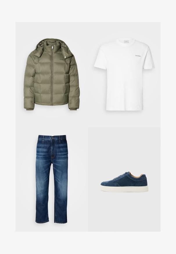 Casaco puffer em verde-oliva com fecho à frente, colarinho alto e capuz destacável. Apresenta seções acolchoadas e punhos elásticos.; Camiseta de algodão branca com mangas curtas e decote redondo. Apresenta um pequeno logótipo preto "Calvin Klein" no lado esquerdo do peito.; Calças de ganga de perna reta em azul escuro, com desbotamento sutil nas coxas e fecho de botão na cintura, exibidas sobre um fundo branco.; Sapatilhas em camurça azul com sola de borracha branca, design de atacador, biqueira arredondada e interior em tom contrastante de bege. Detalhes de costura sutis.