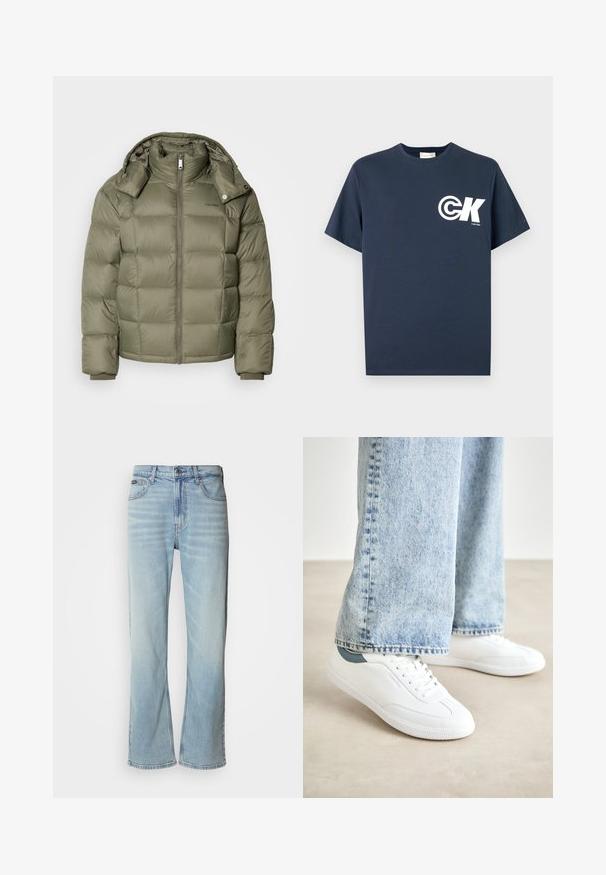 Puhasta jakna v olivno zeleni barvi z zipom spredaj, visokim ovratnikom in snemljivo kapuco. Ima kviltane sekcije in elastične manšete.; Modra mornarsko modra majica s kratkimi rokavi in okroglim izrezom z belim logotipom CK in napisom "Calvin Klein" na levi strani prsnega koša.; Svetlo modri kavbojki z ravnim krojem, ki vključujejo pet žepov, zapiranje na gumb in rahlo zbledelo tkanino.; Bele superge iz gladkega materiala, z vezalkami, z teksturiranim gumijastim podplatom in teal akcentom na peti, v kombinaciji z svetlobe modrimi džinsami.