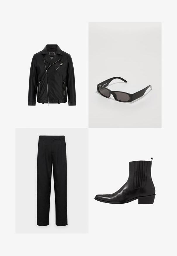 Jachetă de motocicletă din piele neagră, cu guler tip rever, fermoar asimetric în față, două buzunare laterale și un buzunar mic pe piept cu detalii cu fermoar.; Cămașă albă cu mâneci lungi, fabricată dintr-un material neted, având un guler clasic, închidere cu butoane și un logo brodat subtire în colțul din stânga jos.; Pantaloni negri dintr-un material neted, cu un design drept, două pliuri frontale și un tiv standard cu bucle pentru curea.; Cizma de gleznă din piele neagră, cu vârf ascuțit, panouri laterale elastice, accente de cusături verticale și toc bloc mic.; Ochelari de soare negri, dreptunghiulari, cu lentile întunecate, un cadru din plastic neted și un logo subtil pe brațul stâng. Design minimalist.