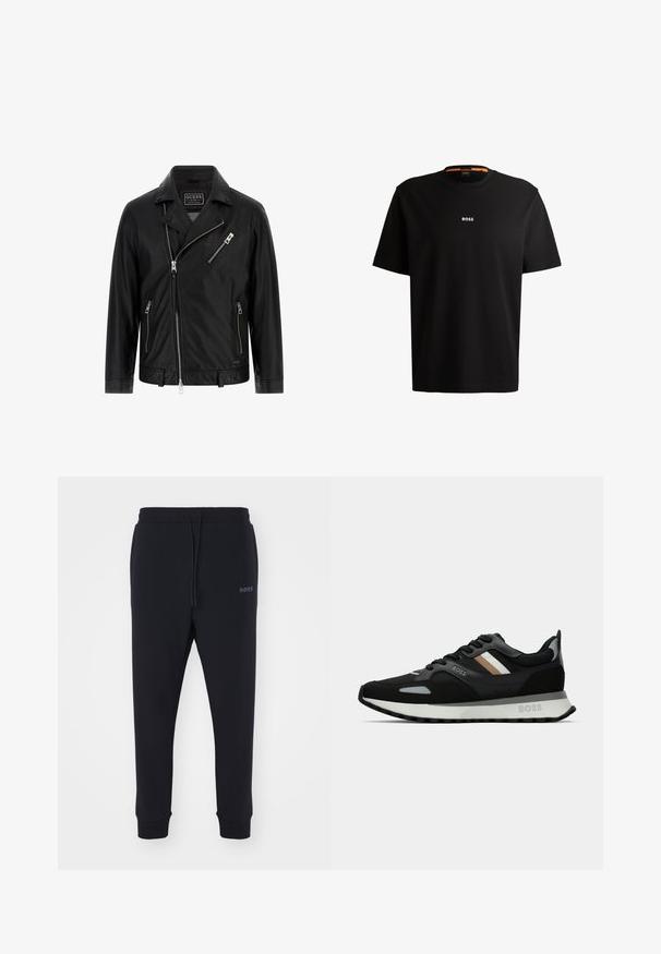 Mustaläikiv mootorratturi jope, millel on krae, asümmeetriline esiprits ja kaks külgtaskut ning väike rinnae-tasku, millel on luku detail.; Must musta T-särk ümmarguse kaelusega, lühikeste varrukatega ja valge "BOSS" logoga, mis on keskendatud rinnale. Sile tekstuur, võimaldab mugavat istuvust.; Mustad mustad, pehmeast materjalist, elastse vöökohtadega, nööridega ja kitsenevate jalgadega. Küljel on väike logo.; Mustmustreen jooksujalats, millel on tekstuuriga pind, helesinised aktsendid ja kolm horisontaalset triipu pruunis. Omab valget pehmendatud tallat.