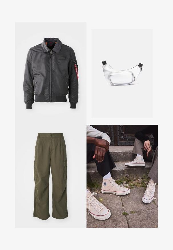 Fekete bomberdzseki cipzáras záródással, széles gallérral, bordás mandzsettákkal és derékrésszel. Az előtérben egy kitűző található, valamint piros címke az ujjon.; Két ujjatlan felső sötétszürke és barna színben, sima anyagból készült. Mindkettő magas nyakú és testhezálló fazonú, kontrasztos varrás részletekkel.; Olívazöld cargo nadrág, pamutból készült, széles lábú kialakítással, plisszírozással és oldalsó zsebekkel a funkcionalitás érdekében.; Magas szárú bézs vászon tornacipő piros csíkkal, fehér gumitalppal és fém fűzőlyukakkal, az oldalukon ikonikus csillaglogóval.; Fehér övtáska sima, tartós anyagból. Jellemzője egy kiemelkedő, lekerekített elülső zseb cipzárral és állítható fekete pánt.
