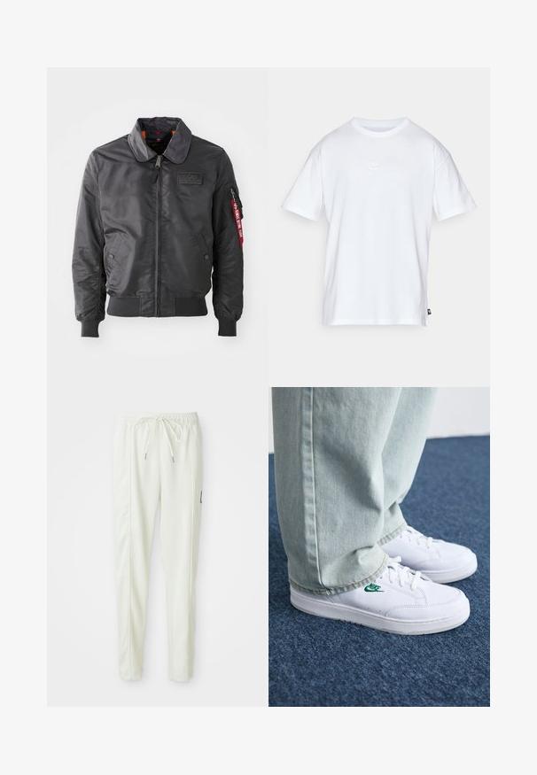 Μαύρο μπουφάν bomber με κλείσιμο φερμουάρ, φαρδύ γιακά, πλεκτούς καρπούς και μέση. Διαθέτει ένα σήμα στο στήθος και μία κόκκινη ετικέτα στο μανίκι.; Λευκό βαμβακερό μπλουζάκι με κοντά μανίκια και στρογγυλή λαιμόκοψη. Διαθέτει ένα μικρό, διακριτικό λογότυπο Nike στο στήθος και μια ετικέτα στο πλάι.; Λευκά εφαρμοστά jogger παντελόνια με ελαστική μέση και κορδόνι, που διαθέτουν πλαινά ραφάκια και μία μικρή μαύρη πατίνα στο δεξί πόδι.; Λευκά δερμάτινα sneakers με πράσινο λογότυπο Nike, στρογγυλή μύτη, επίπεδη σόλα, συνδυασμένα με ανοιχτό μπλε τζην παντελόνι, τοποθετημένα σε μπλε χαλί.