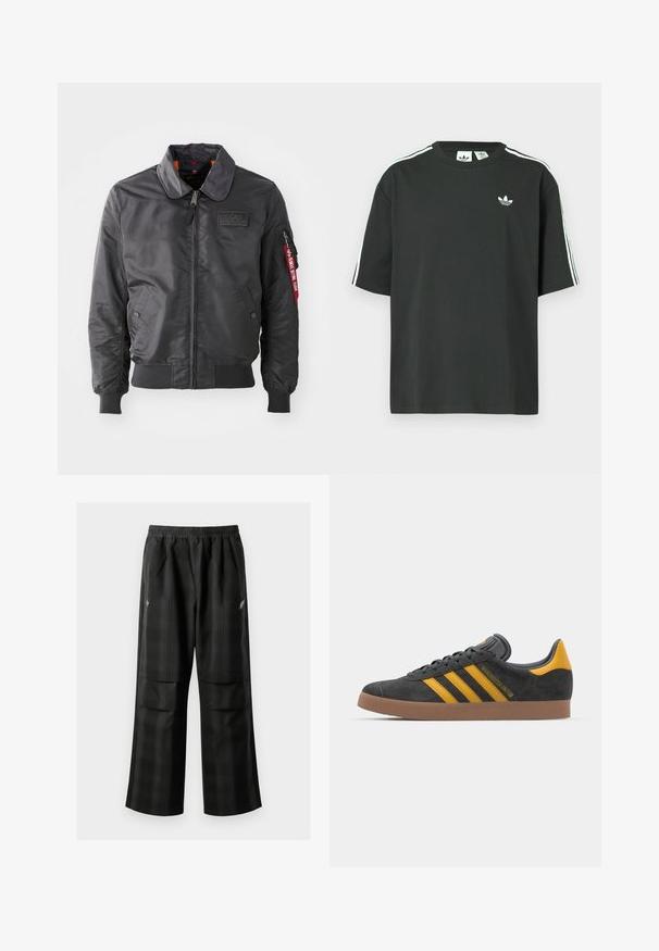 Casaco bomber preto com fecho de zip, colarinho largo, punhos e cós em malha. Apresenta um emblema no peito e uma etiqueta vermelha no braço.; T-shirt preta de algodão com mangas curtas, gola redonda e detalhe branco de três riscas nos ombros. Apresenta um pequeno logotipo branco no peito.; Calças pretas em padrão xadrez com cintura elástica, dois bolsos frontais e um ajuste solto com design de perna reta. Feitas de material leve.; Tenis em camurça preta com detalhes amarelos, apresentando três riscas e uma sola de borracha castanha. Inclui uma língua acolchoada para maior conforto.