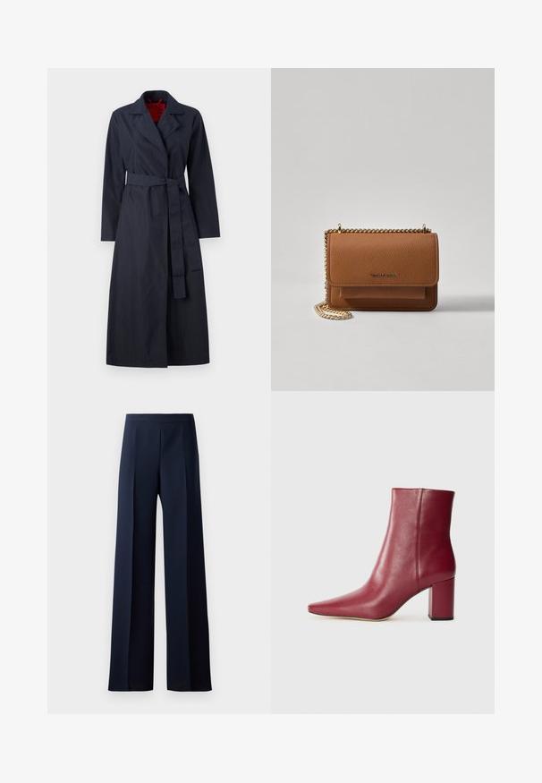 MAX&Co. TECNOLONG - Trenchcoat - navy; Donkerblauwe trui met een ronde halslijn, lange raglanmouwen, geribbelde manchetten en een rechte zoom. Gemaakt van een zachte, gestructureerde breimateriaal.; Wijde broek met een donkerblauwe stof, met een gladde textuur, subtiele voorplooien en een aansluitende tailleband voor een gestroomlijnde silhouette.; Bordeaux leren enkelboot met een spitse neus, blokhak en een gladde textuur, uitgevoerd in een naadloos ontwerp zonder zichtbare hardware.; Bruine lederen schoudertas met textuur, voorzien van een gouden kettingstrap en klepsluiting. De voorkant heeft een logo-detail en een zak onder de klep.