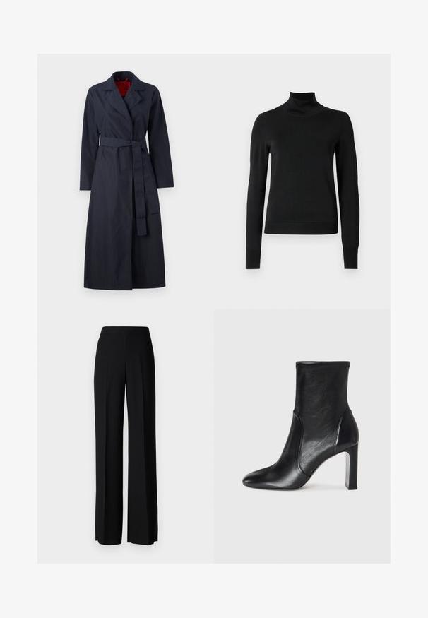 MAX&Co. TECNOLONG - Trenchcoat - navy; Schwarzer Langarmrollkragenpullover mit gerippten Bündchen und Saum, auf einem schlichten weißen Hintergrund präsentiert.; Schwarze weite Hosen mit einer glatten Textur, ausgestattet mit einem hohen Bund und mittleren Falten. Keine sichtbaren Muster oder Hardware-Details.; Schwarze Leder-Stiefelette mit schlankem Design, spitz zulaufender Zehenpartie und hohem Blockabsatz. Verfügt über eine glatte Textur und minimalistische Steppnähte.