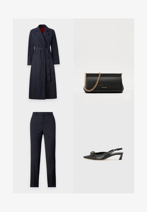 MAX&Co. TECNOLONG - Kišni ogrtač - navy; Svijetlosmeđi pulover izrađen od mekog, pletenog materijala. Ima okrugli izrez, duge rukave, te rebraste rukave i donji rub s raglan rukavima.; Mornarsko plave krojene hlače ravnog kroja, sa glatkom teksturom, dvije prednje džepove i urednim pojasom.; Crne kožne sandale s remenčićem i šiljastim vrhom, malim potpeticama i dekorativnom kopčom na gornjem dijelu. Glatka tekstura, minimalistički dizajn.; Crna kožna torbica sa zlatnim lančićem, koja se odlikuje glatkom teksturom, pravokutnim oblikom i utisnutim brendom na prednjoj strani.