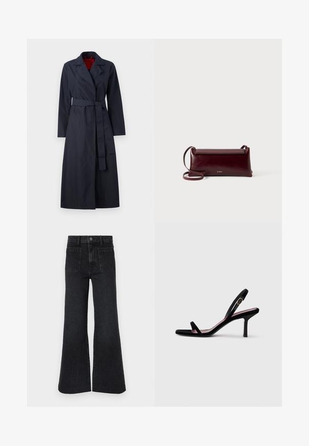 MAX&Co. TECNOLONG - Trench - navy; Chemise à rayures rouge et blanche avec manches longues, un col et une patch présentant des coordonnées sur le côté inférieur gauche.; Jean noir évasé taille haute avec passants de ceinture, bouton avant, fermeture éclair et deux grandes poches plaquées à l'avant sur fond blanc.; Une sandale à talons hauts pour femmes en daim noir avec des lanières fines et une boucle dorée sur fond blanc, vue de côté.; Sac à bandoulière en cuir bordeaux avec une texture lisse, de forme rectangulaire, fermeture à rabat et une fine sangle réglable. Détail du logo doré visible.