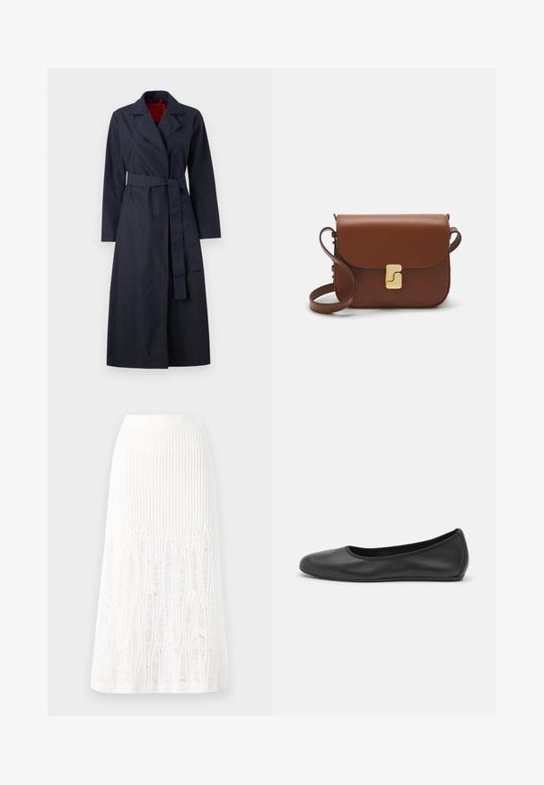 MAX&Co. TECNOLONG - Trench - navy; T-shirt blanc à manches courtes en tissu côtelé. Col rond, coupe régulière et détails de couture subtils. Aucune motif ni graphique.; Jupe midi en tricot blanche présentant un motif texturé avec des lignes verticales et des découpes près de l'ourlet. Taille élastique. Matériau doux.; Ballerines en cuir noir avec un bout rond, texture lisse, détails de couture minimalistes et design de semelle flexible.; Sac à main en cuir marron avec une fermeture à rabat, des accents en métal doré, une bandoulière et une texture lisse. Forme rectangulaire compacte.