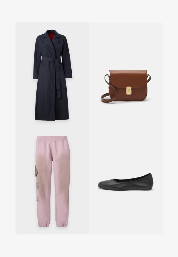 MAX&Co. TECNOLONG - Trentšmantel - navy; Valge lühikeste varrukatega T-särk ribatud kangast. Ümara kaelusega, tavalisest sobivusest ja peente õmbluse detailidega. Ilma mustrite või graafikateta.; Roosa spordipüksid elastse paelaga vööl, millel on vasakul küljel dekoratiivsed rombikujulised plaastrid ja elastsed mansetid pahkluude juures.; Musthave mustika tantsutossud mustast nahast, ümmarguse varbaga, siledast tekstuurist, minimaalse õmblusdetailiga ja paindliku tallakujundusega.; Pruunist nahast käekott, millel on klapiga sulgur, kuldne riistvara, õlarihm ja sile tekstuur. Kompaktne ristkülikukujuline vorm.