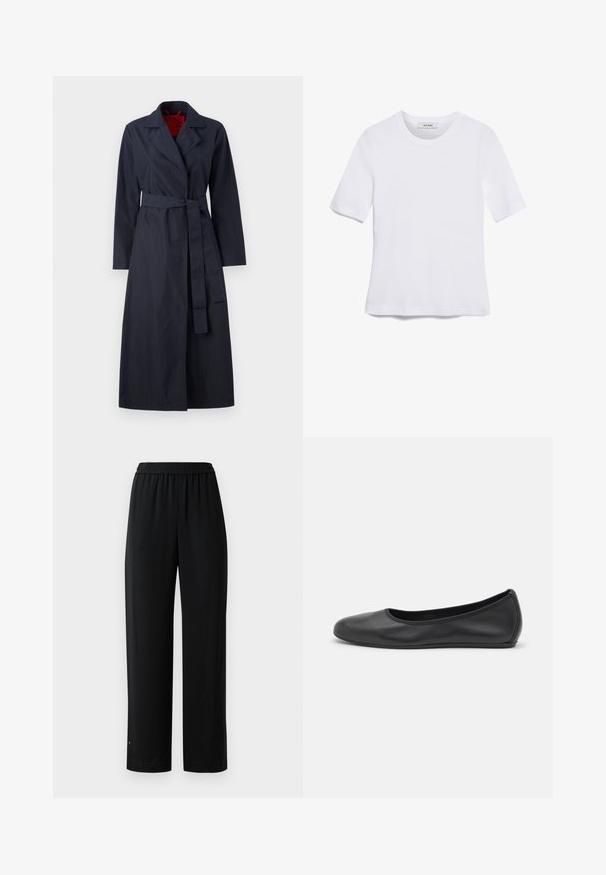 MAX&Co. TECNOLONG - Trenchcoat - navy; White short-sleeve t-shirt made of ribbed fabric. Round neckline, regular fit, and subtle stitching details. No patterns or graphics.; Black wide-leg pants made of smooth fabric with an elastic waistband. Features a straight cut and minimal detailing. Suitable for casual wear.; Black leather ballet flat with a rounded toe, smooth texture, minimal stitching detail, and a flexible sole design.