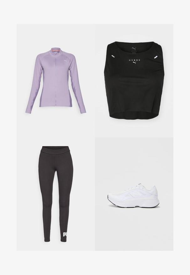 Šviesiai violetinė sportinė striukė su aukštu apykakle, pilnu užtrauktuku, ilgomis rankovėmis, tekstūruota medžiaga ir šoninėmis kišenėmis. Su logotipo akcentu.; Juodas trumpas tank top'as, pagamintas iš tekstūruoto audinio, su apvalia iškirpte, baltu logotipu ir dviem mažais atšvaitiniais elementais ant pečių.; Juodi legginsai, pagaminti iš tamprios medžiagos, su aukštu juosmeniu ir baltu logotipu, atspausdintu ant kairės kojos apatinės dalies. Lygus paviršius.; Balti sportiniai batai su tinkline viršutine dalimi, paminkštintu apykakle ir tekstūruotu padu. Šonuose yra sidabrinė logotipas ir modernus, stilingas dizainas.