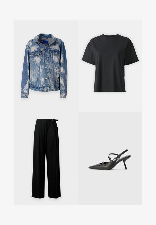 Sinine teksajakk kerge sinise värvusega, millel on pilvetekitavad valged mustrid. Omab kahte rinna-taskut, nööpe ja klassikalist kraed.; Must have lühikeste varrukatega puuvillane must T-särk, millel on lõdvestunud lõige ja kontrastne külgpanel, mis sisaldab väikest teksti ja kujunduselemente.; Mustad kõrge vöökohaga mustad laiad püksid, millel on ees voldid ja vöö, millel on pandla. Valmistatud siledast ja kergest kangast.; Must musta slingback kontsad, terava nina, peenike konts ja dekoratiivne pandla detail peal. Sile tekstuur ja stiilne disain.