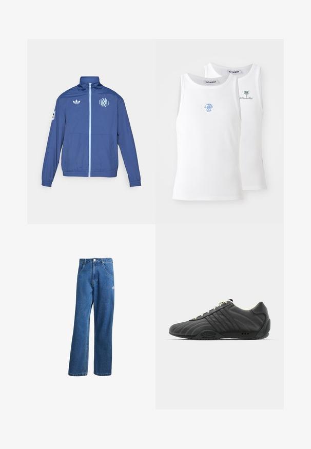 adidas Originals NASHVILLE SC ORIGINALS ANTHEM JACKET - Sporto klubų atributika - noble indigo/glow blue; Du du baltos maikutės, su briaunotu tekstūru, puošiančios mėlynus ir žalius siuvinėtus logotipus. Viena turi saulės dizainą, kita - palmių.; Mėlynos aukštu liemeniu plačios džinsinės kelnės su priekinėmis kišenėmis, diržo kilpos, sagčių uždarymu ir mažu Adidas logotipu dešinėje šlaunyje.; adidas Originals ADIRACER UNISEX - Sportbačiai - core black/cream white