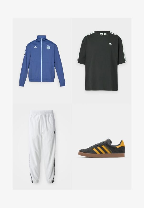 adidas Originals NASHVILLE SC ORIGINALS ANTHEM JACKET - Roupa de discoteca - noble indigo/glow blue; T-shirt preta de algodão com mangas curtas, gola redonda e detalhe branco de três riscas nos ombros. Apresenta um pequeno logotipo branco no peito.; Calças de treino brancas com riscas laterais pretas, cintura elástica e punhos; apresenta o logotipo da Adidas na coxa esquerda. Textura de tecido suave.; Tenis em camurça preta com detalhes amarelos, apresentando três riscas e uma sola de borracha castanha. Inclui uma língua acolchoada para maior conforto.