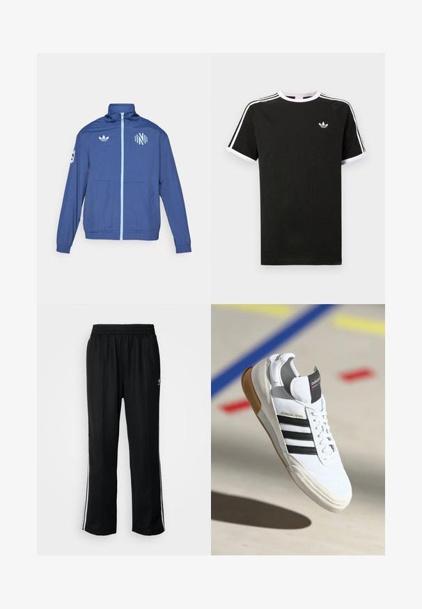 adidas Originals NASHVILLE SC ORIGINALS ANTHEM JACKET - Klubbklær - noble indigo/glow blue; Svart t-skjorte laget av bomull med hvite detaljer. Har korte ermer, raglan-design og en liten logo på brystet. Tre hvite striper på skuldrene.; Sorte treningsbukser med elastisk midjebånd, med hvite sidestiper og en liten logo. Materialet ser mykt og lett ut.; Hvite Adidas Mundial Goal sneakers med svarte striper og gummisåle, vist i luften over en sportsgulv med fargede linjer.