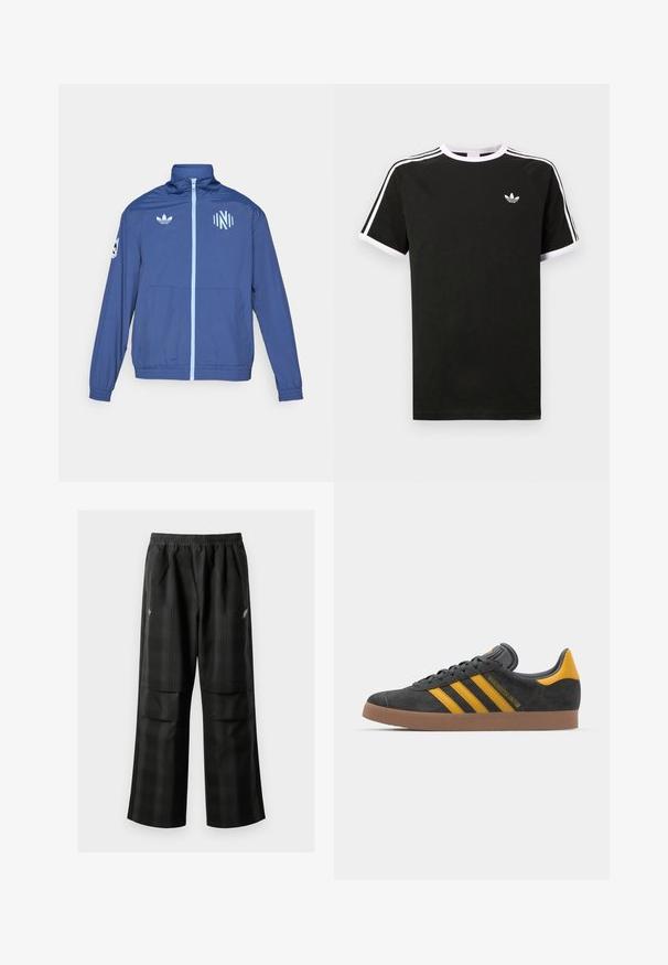 adidas Originals NASHVILLE SC ORIGINALS ANTHEM JACKET - Klubbklær - noble indigo/glow blue; Svart t-skjorte laget av bomull med hvite detaljer. Har korte ermer, raglan-design og en liten logo på brystet. Tre hvite striper på skuldrene.; Svarte rutete bukser med elastisk midje, to frontlommer og løs passform med rett ben-design. Laget av lett materiale.; Sort skinnesko i svart semsket skinn med gule detaljer, med tre striper og en brun gummisåle. Inkluderer en polstret tunge for komfort.