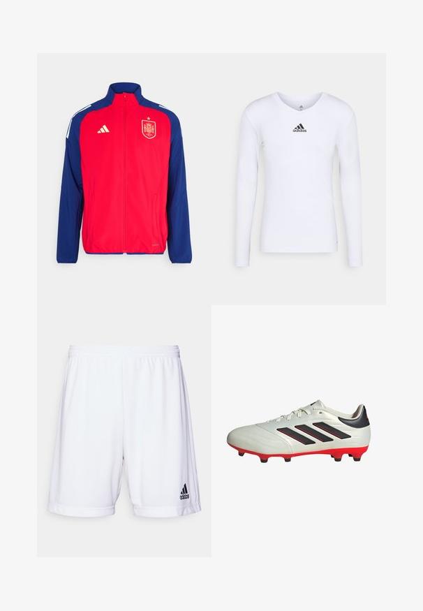 Chaqueta deportiva roja y azul con cremallera completa, cuello alto, rayas blancas en los hombros y emblema dorado de España y logo de Adidas en el frente.; Camiseta deportiva de manga larga blanca, fabricada con material suave, que presenta un logo negro de Adidas en el pecho; diseño de cuello en V y forma ajustada.; Bermudas deportivas blancas con una cintura elástica, fabricadas con un tejido suave. Presenta un logo negro de Adidas en la parte inferior izquierda.; Botas de fútbol blancas con acentos negros y suela roja. Presentan tres rayas negras en el lateral y una parte superior de textura suave.