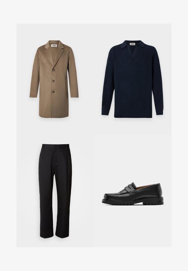Brown wool overcoat with a notched lapel, three buttons, side pockets, and a smooth texture. Tailored fit with a classic design.; Navy ribbed sweater featuring a V-neck, short collar, and long sleeves. Made from soft material with a textured finish.; Black trousers with a straight cut, made of lightweight fabric. Features a front button closure and two side pockets; smooth texture.; Black leather loafers feature a raised seam, two decorative straps on the upper, and a thick textured sole for added grip.