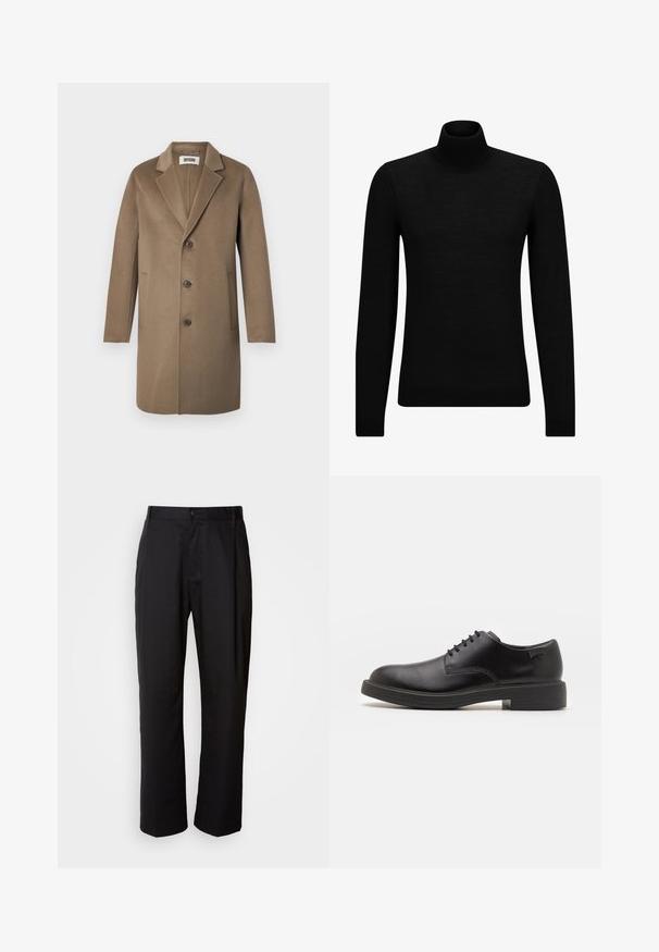 Palton din lână maro, cu rever tăiat, trei butoane, buzunare laterale și o textură netedă. Croială ajustată cu un design clasic.; Pulover negru cu guler înalt, realizat dintr-un material moale, cu mâneci lungi și o croială ajustată. Tiv și mansete cu margine ondulată. Design simplu.; Pantaloni negri cu croi drept, realizați din țesătură ușoară. Prezintă un închidere cu buton în față și două buzunare laterale; textură netedă.; Pantofii din piele neagră, cu șireturi, au vârful rotunjit, o textură netedă, cusături minime și un toc de cauciuc scăzut. Logo pe toc.