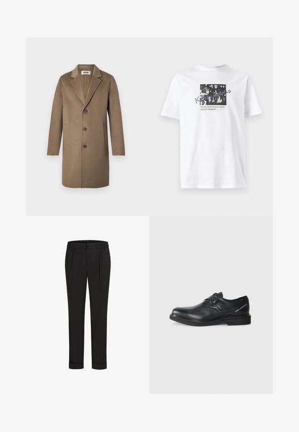 Abrigo de lana marrón con solapa muesca, tres botones, bolsillos laterales y una textura suave. Corte ajustado con un diseño clásico.; Camiseta de algodón blanca con un diseño gráfico en blanco y negro que incluye texto. Manga corta y escote de tipo crew.; Pantalones negros con cintura elástica, con un diseño de pierna recta y dobladillos enrollados. Hechos de una tela suave y Woven sin patrones.; Zapato de cuero negro con punta redonda, detalle de hebilla simple y suela de goma plana. Presenta una marca en el lateral cerca del tacón.
