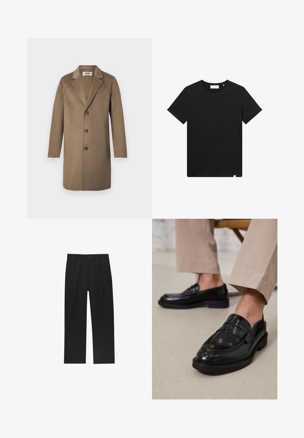 Brun uldfrakke med slået krave, tre knapper, sidelommer og en glat tekstur. Skræddersyet pasform med et klassisk design.; Sort kortærmet T-shirt lavet af bomuld, med rund hals og et lille logo broderet på brystet. Glat tekstur, standard pasform.; Sorte bukser med lige ben, lavet af et glat stof. Har frontfolder og en enkelt knaplukning i taljen.; Sorte lædermokkasiner med en glat overflade, der har en dekorativ rem og kontraststing, parret med beige bukser.