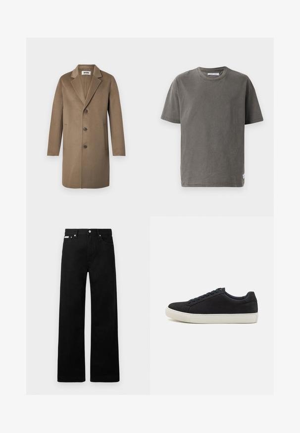 Cappotto in lana marrone con revers a notched, tre bottoni, tasche laterali e una texture liscia. Vestibilità su misura con un design classico.; T-shirt grigio in cotone a maniche corte con scollatura rotonda, caratterizzato da una texture leggermente sbiadita e una fessura laterale all'orlo per un tocco di dettaglio.; Pantaloni in denim nero con design a gamba larga, dotati di cinque tasche e hardware in metallo per i bottoni. Texture liscia, senza motivi visibili.; Sneaker in suede nero con punta arrotondata, suola in gomma bianca, lacci blu a contrasto e una texture liscia. Design minimalista senza logo visibile.