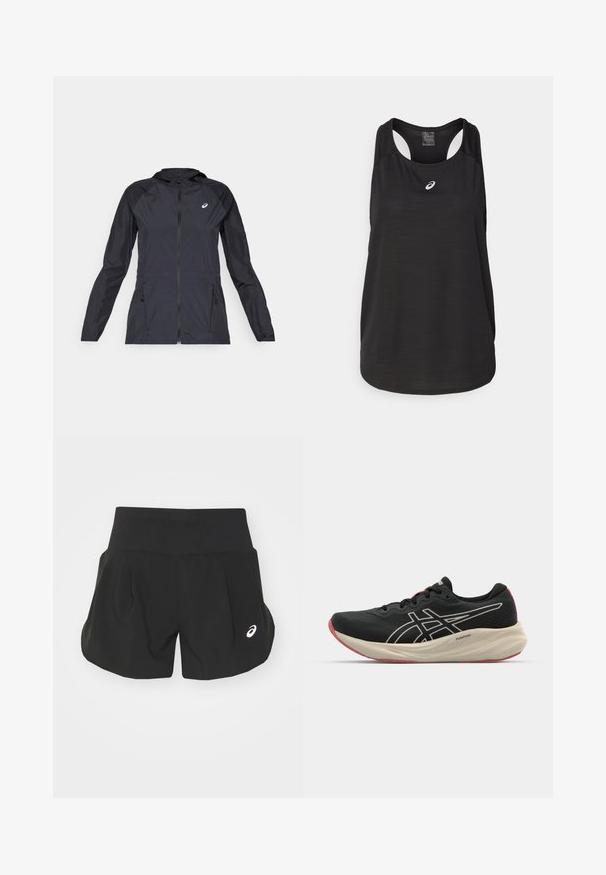 Sort letvægtsjakke med hætte, fuld lynlås, to sidelommer og kontrastfarvede sorte paneler på skuldre og ærmer.; Sort atletisk tanktop lavet af letvægtsstof. Har en rund halsudskæring, racerback-design og et lille hvidt logo foran.; Sorte atletiske shorts med en bred talje, plisseret design og et lille hvidt logo på nederste venstre side. Blødt, let materiale.; Sort løbesko med mesh-overdel og hvide detaljer. Har en polstret mellemsål og røde ydersåledetaljer. Letvægtsdesign.